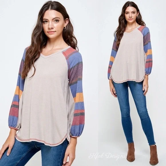 LAST 1! V Neck Slub Brush Stripe Contrast Top! - Picture 3 of 4